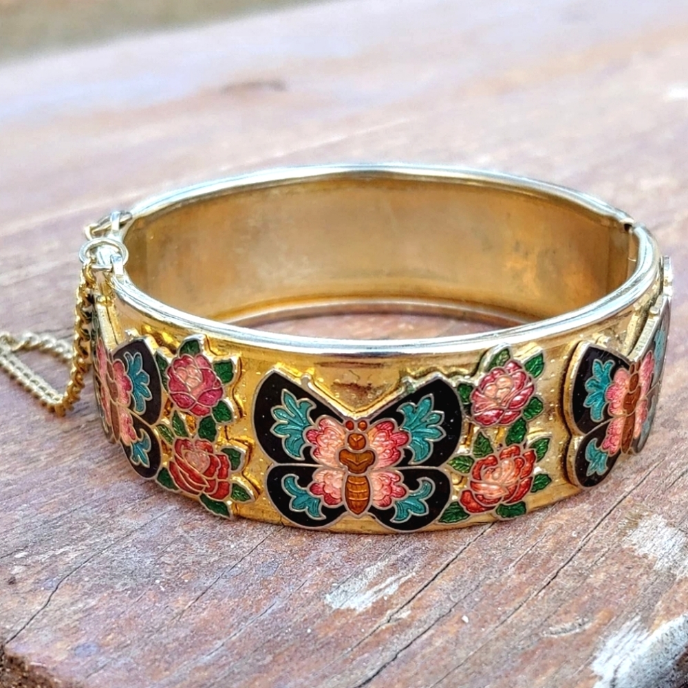 Vintage Gold Tone Hinged Butterfly Cloisonne Style Bangle